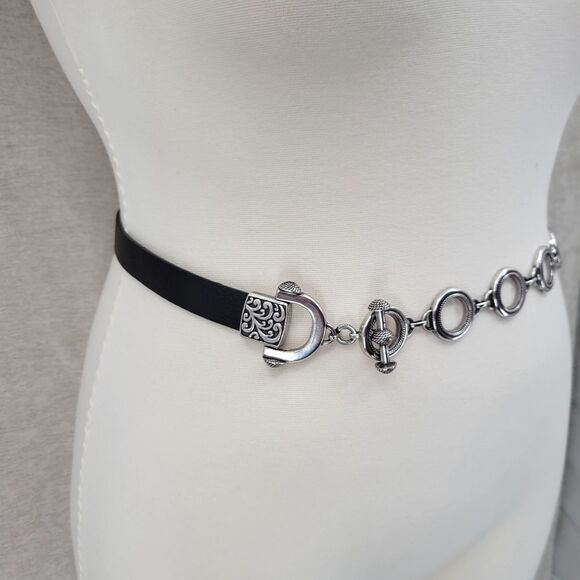 Chico's Hip Belt Black Leather and Silver Toned Chain and Toggle Style Buckle - Picture 4 of 12